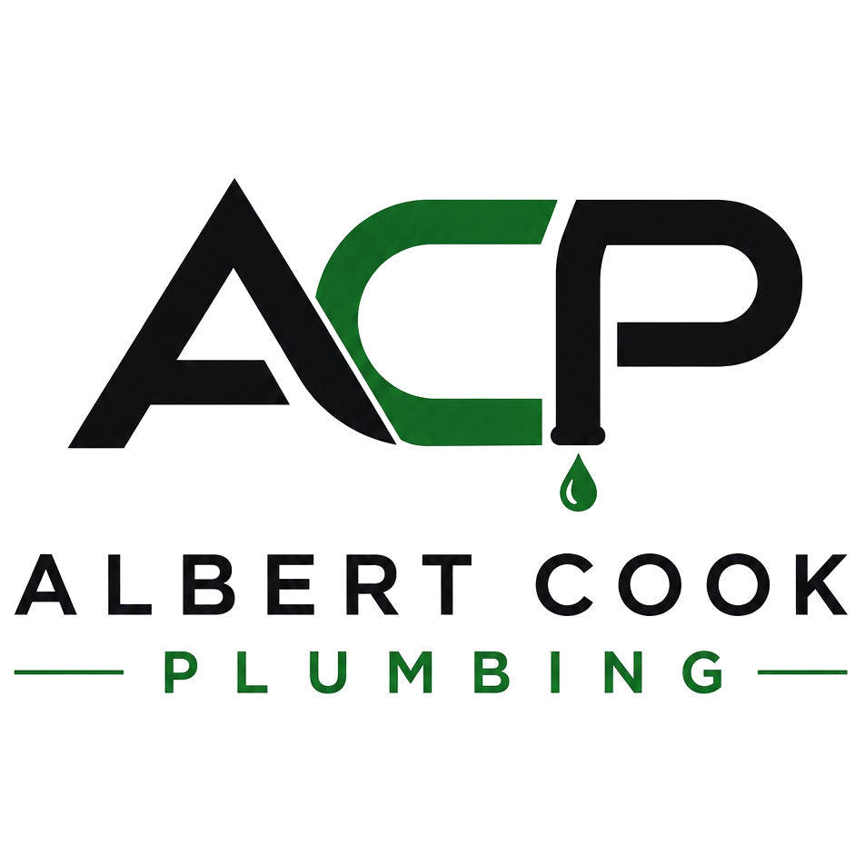 Albert Cook Plumbing logo featuring the initials ACP with a green water droplet.