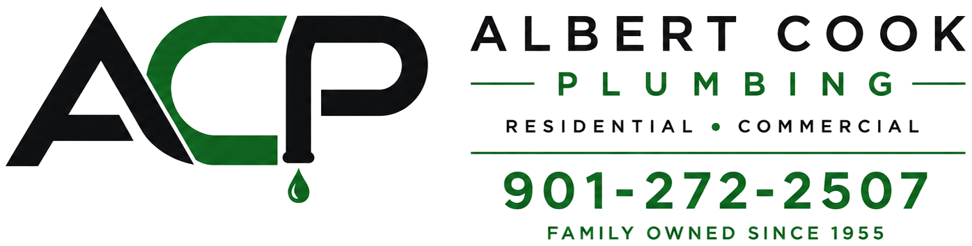 Albert Cook Plumbing logo with the initials ACP, phone number 901-272-2507, and text reading Residential, Commercial, Family Owned Since 1955.