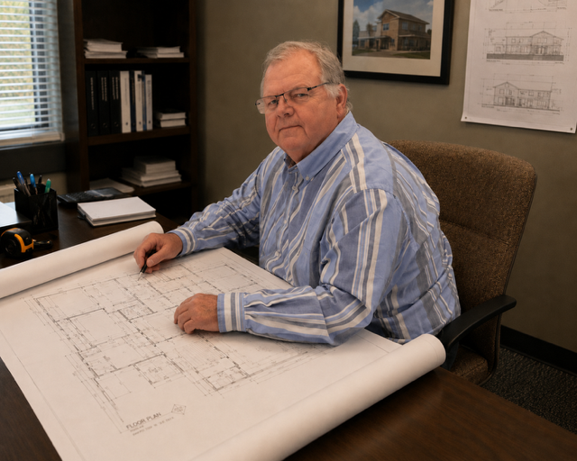"Professional plumbing design and pre-construction planning, featuring an estimator reviewing building blueprints for a commercial project."