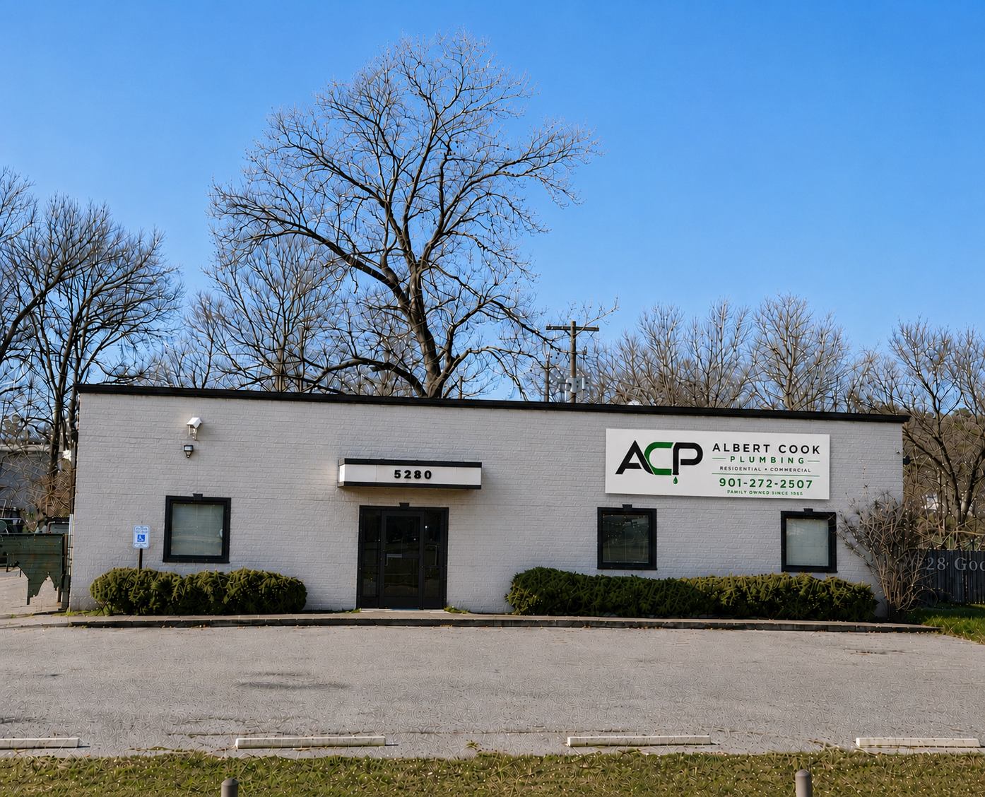 A single-story white brick commercial office building under a clear blue sky, with a flat roofline and bare winter trees behind it. The front facade features a dark-framed glass entryway under a small modern awning displaying the address number 5280. Low green hedges line the base of the building, and there are three dark-framed rectangular windows. A large sign to the right of the entrance reads "ACP ALBERT COOK PLUMBING - RESIDENTIAL • COMMERCIAL" with the phone number "901-272-2507" and the text "FAMILY OWNED SINCE 1955". In front of the building is an empty asphalt parking lot.