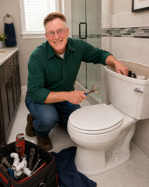 Man facing camera with hand in toilet tank fixing the plunger