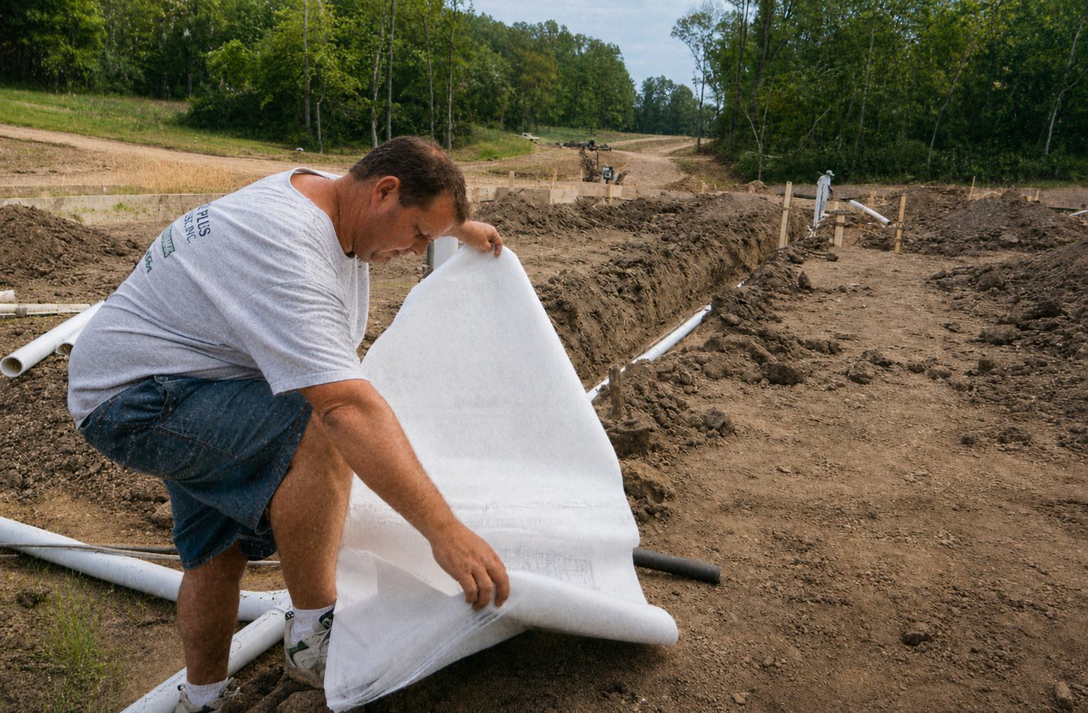 A man in a grey t-shirt and denim shorts crouches at an outdoor construction site, unrolling a large white sheet of paper or construction fabric on the ground. In the background, white PVC pipes are laid out in a dirt trench, surrounded by piles of excavated soil, wooden stakes, and a line of green trees.